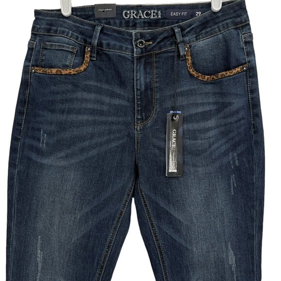 NWT Grace in LA Women Dark Wash Leopard Print Detail Flare Stretch Jeans Size 29 - Picture 3 of 12